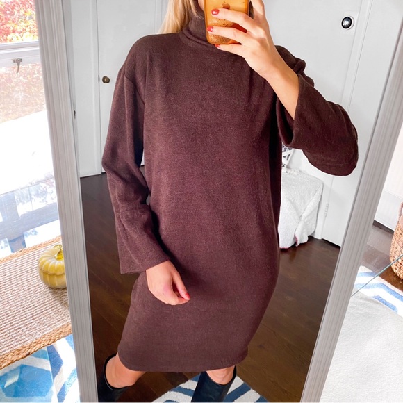 🤎 LILA KASS BROWN WOOL BLEND TURTLENECK LONG SLEEVE LOOSE FIT DRESS! - Picture 6 of 13